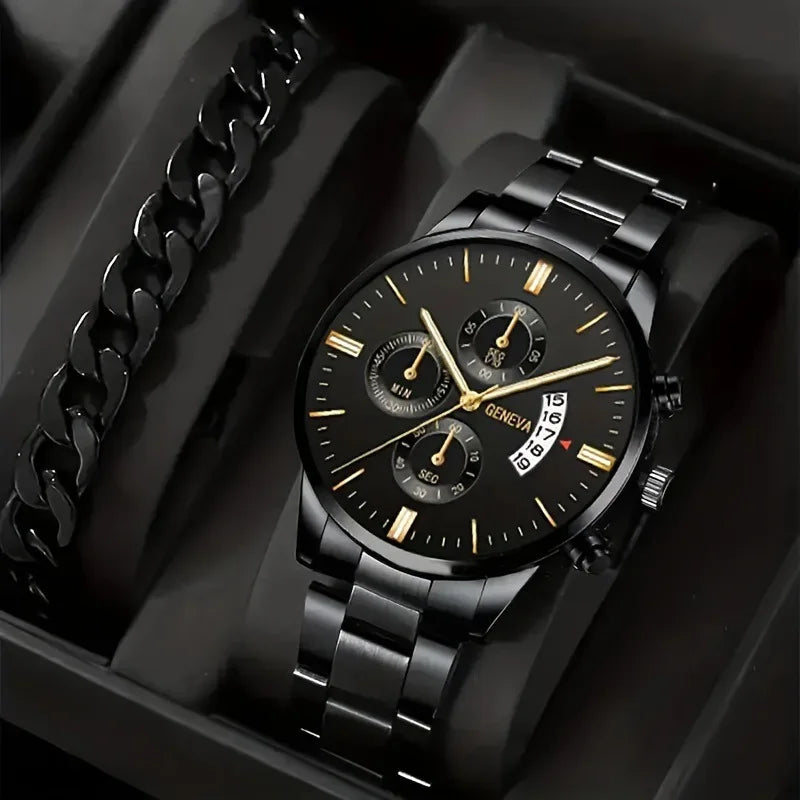 2pcs and 1pcs fashionable men's quartz watches with black dial and gold accents