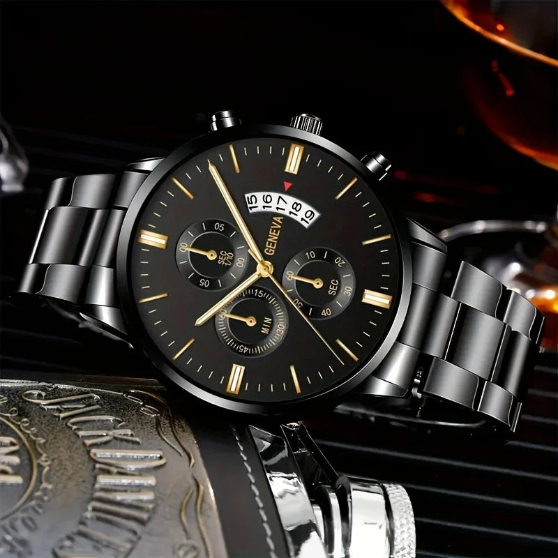 2pcs and 1pcs fashionable men's quartz watches with black dial and gold accents